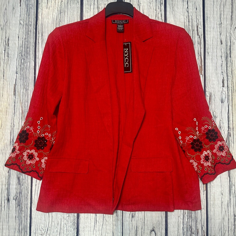NYCC Red Embroidered Floral 3/4 Sleeve Open Front Blazer Jacket Womens Large NEW